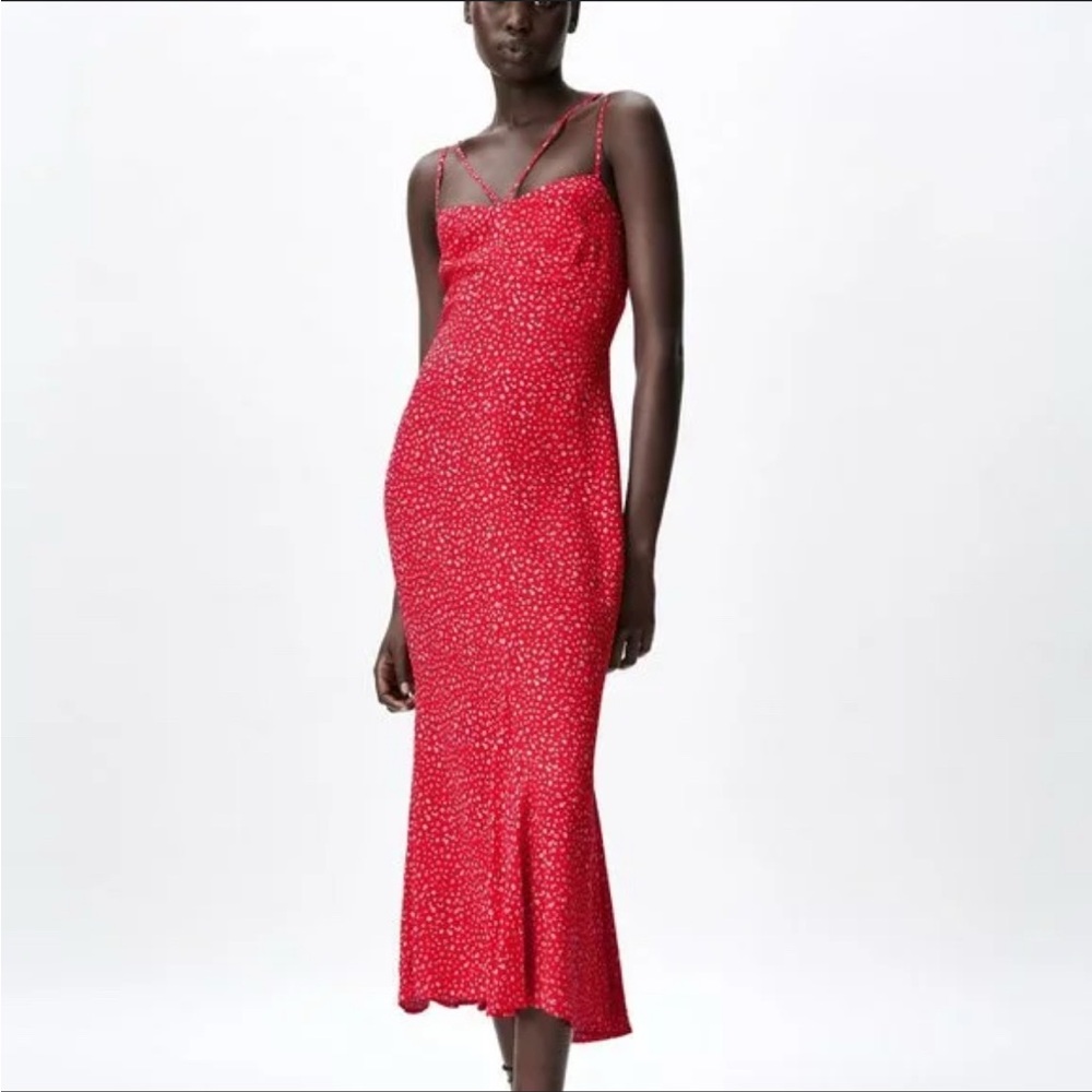 NWOT Zara Floral Polka Dot Criss Cross Midi  Red Dress With Cut-Out Back  Size L
